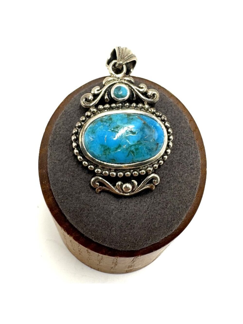 VTG Sterling Silver 925 Turquoise Beaded Border Pendant Size 1.75" Length